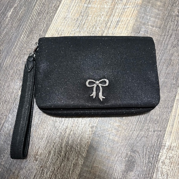 Victoria's Secret Handbags - Victoria's Secret black sparkle rhinestone viral bow phone wristlet clutch EUC